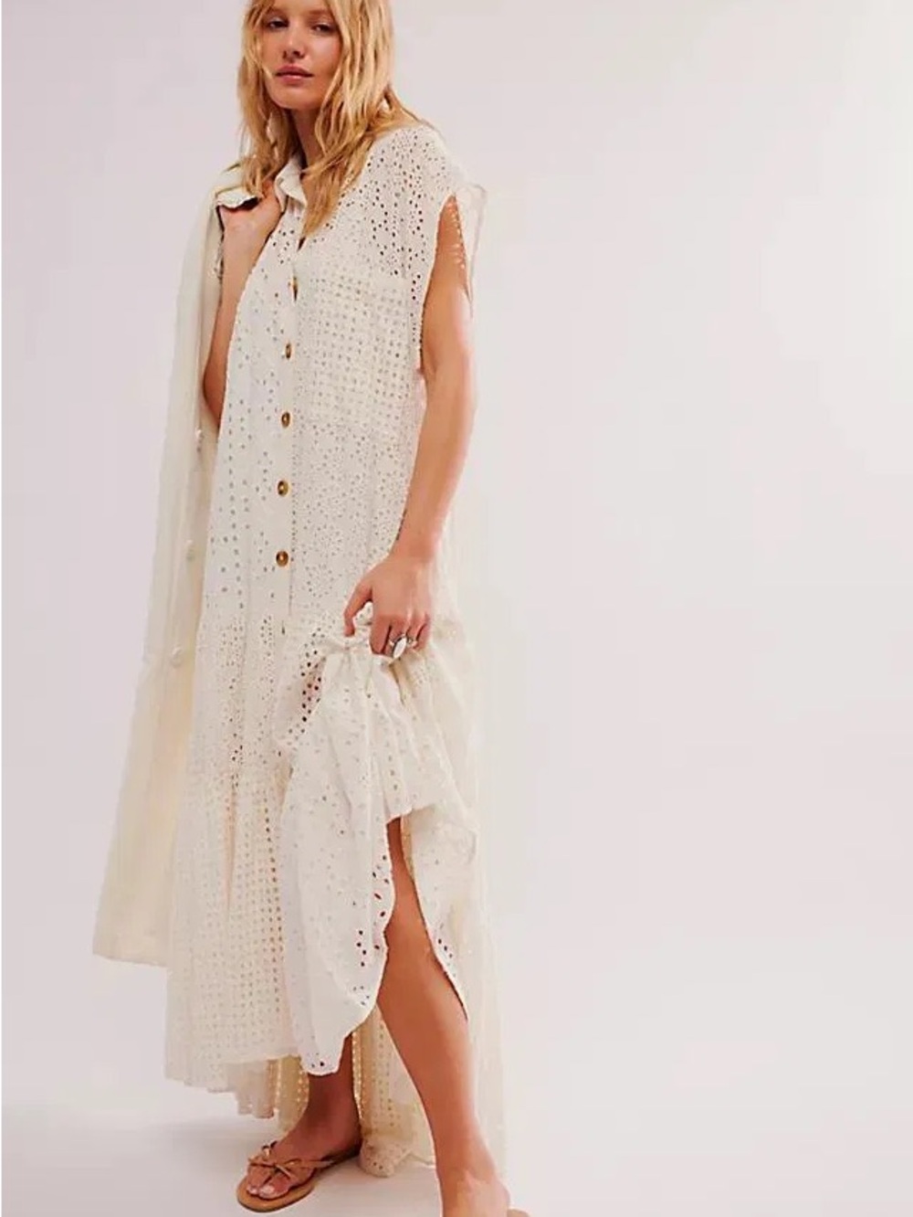 Free People Cream Eyelet Button-Front Maxi Dress